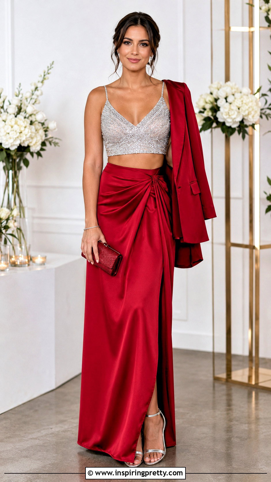 Silver Beaded Crop Top With Red Maxi Skirt - 20 Silver Beaded Crop Top outfit ideas