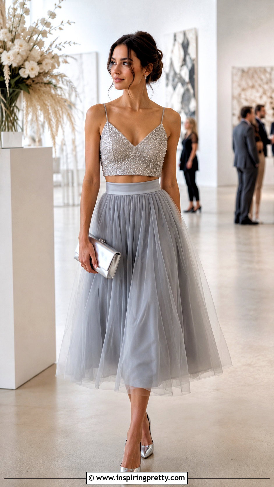 Silver Beaded Crop Top With Tulle Midi Skirt - 20 Silver Beaded Crop Top outfit ideas