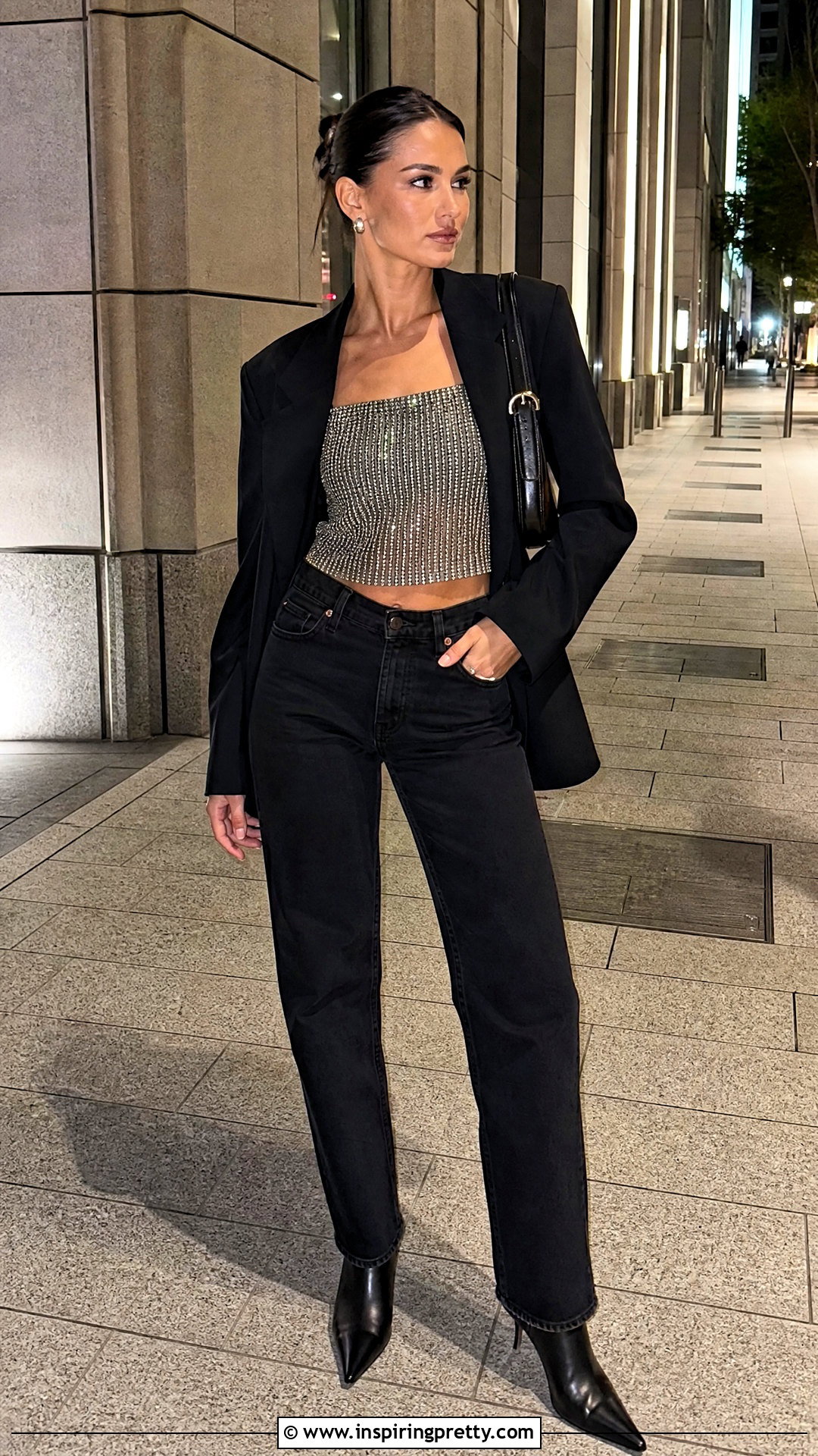 Silver Beaded Top With Black Jeans - 50 beaded top outfit ideas