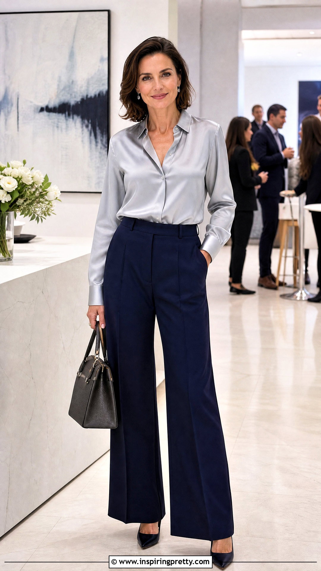 Silver Blouse With Navy Trousers - 50 silver top outfit ideas