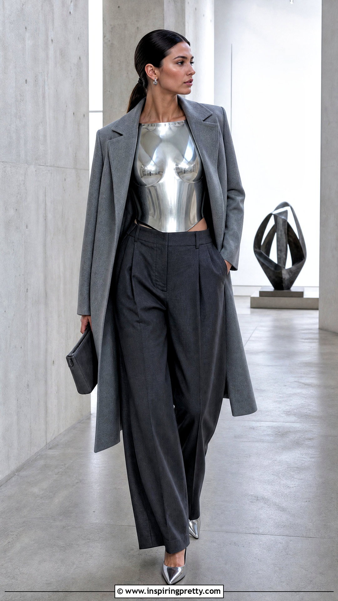 Silver Breastplate Top With A Monochrome Gray Outfit - 25 breastplate top outfit ideas