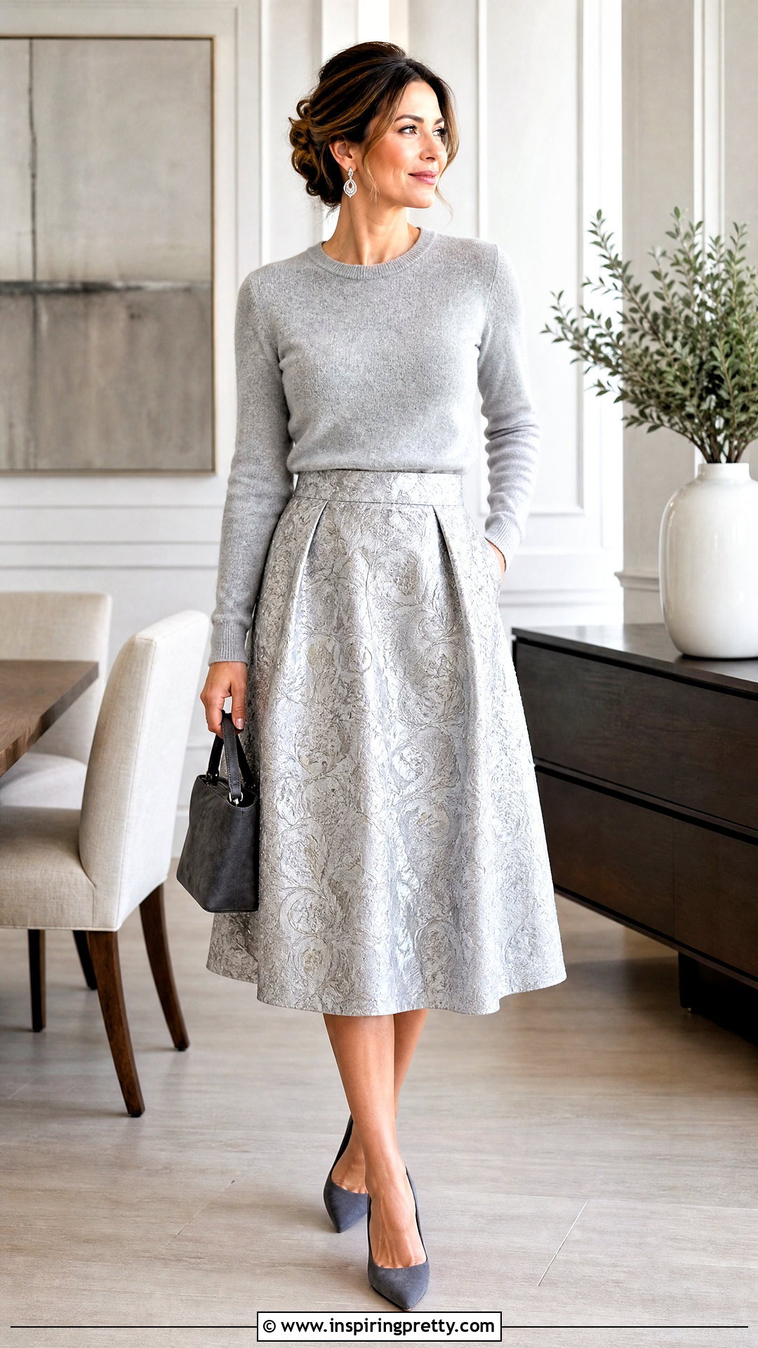 Silver Brocade Skirt With Gray Cashmere Sweater - 50 brocade skirt and top outfit ideas