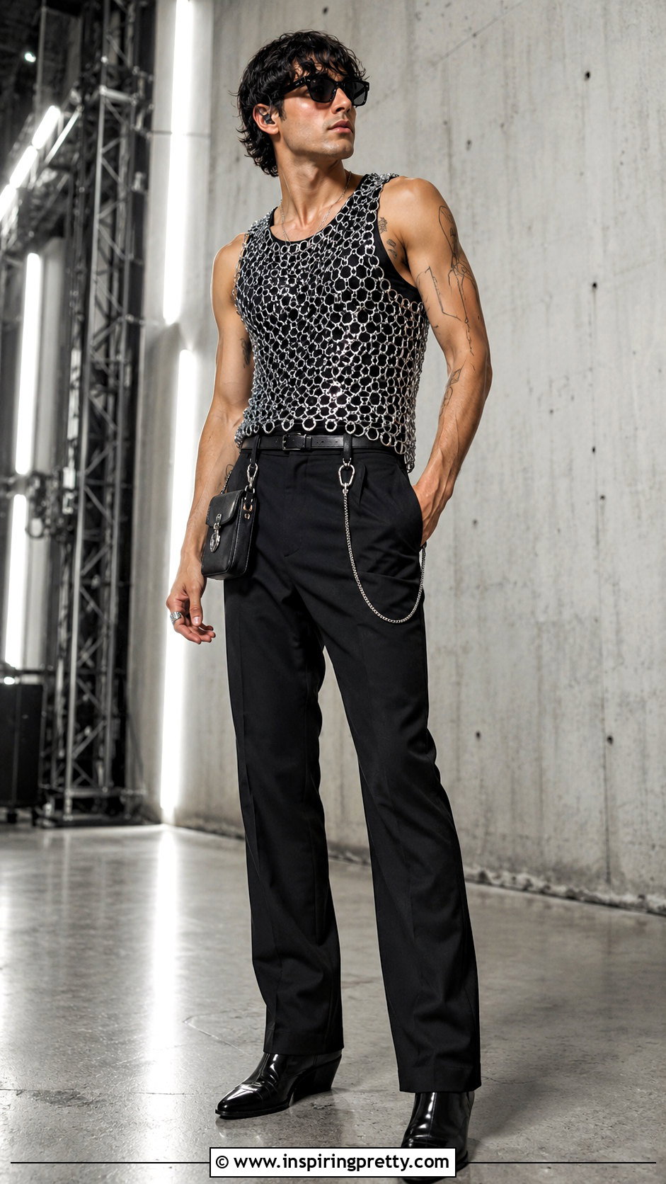 Silver Chainmail Top With All Black Outfit - 20 Mens Sparkly Tops