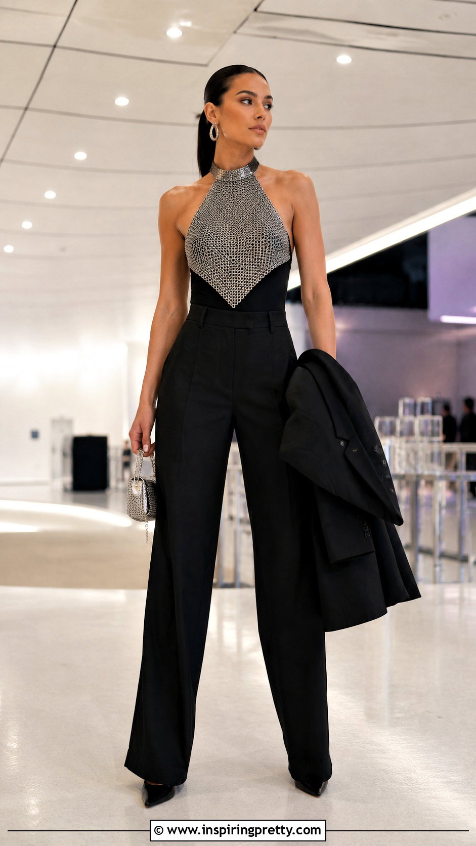 Silver Chainmail Top With Black Trousers - 50 night out tops outfit ideas
