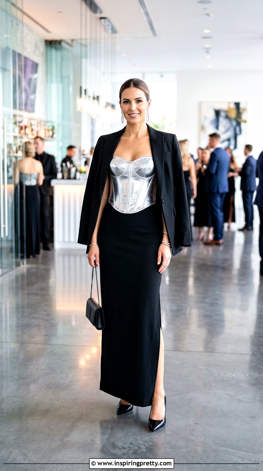 Silver Corset Top With Black Maxi Skirt - 50 Top Corset outfit ideas