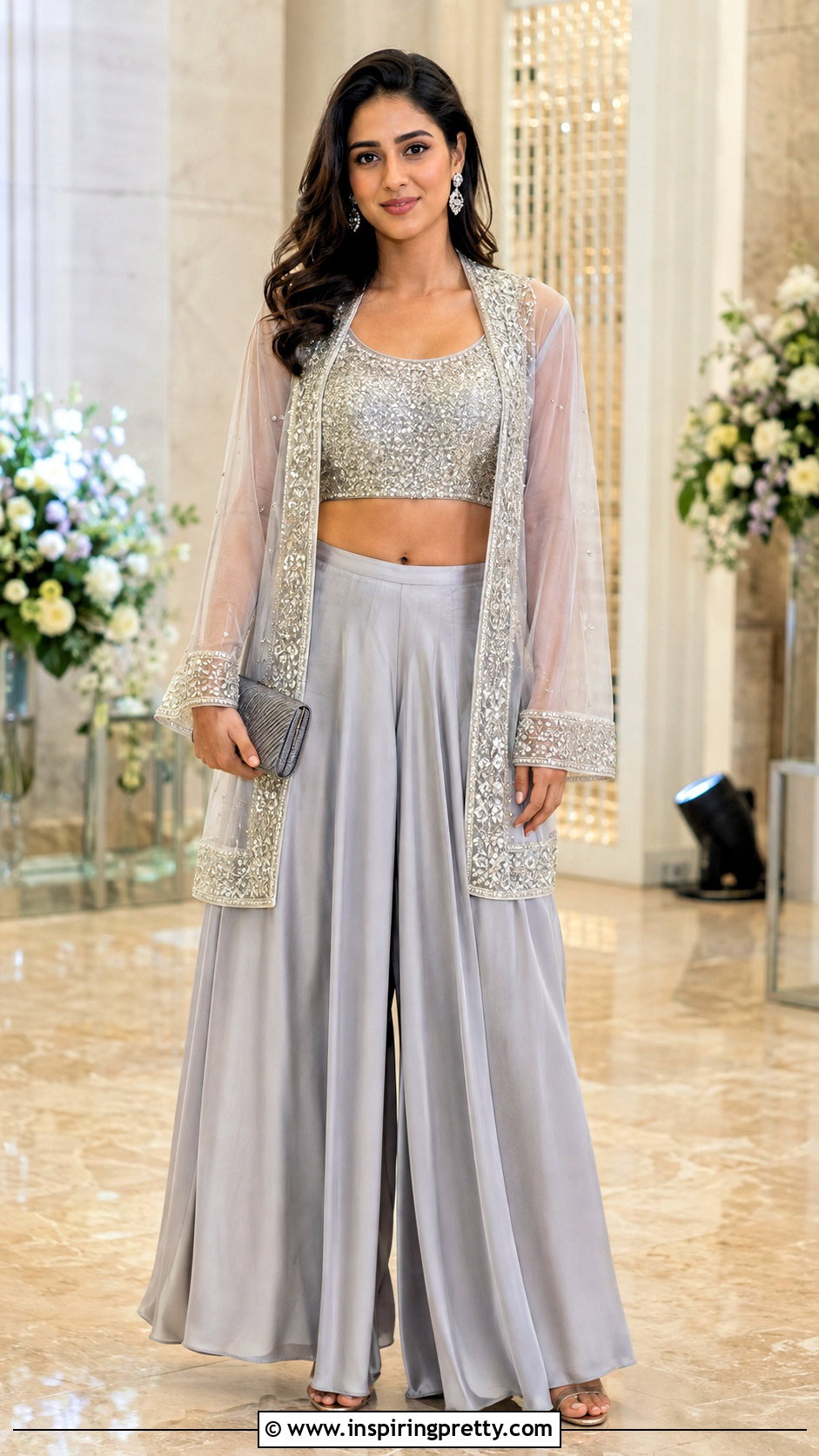Silver Crop Top Palazzo With Sheer Jacket - 25 crop top palazzo with jacket indian outfit ideas