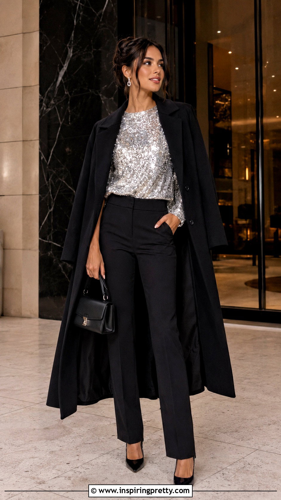Silver Designer Sequin Top With Tailored Black Pants - 20 designer sequin top outfit ideas