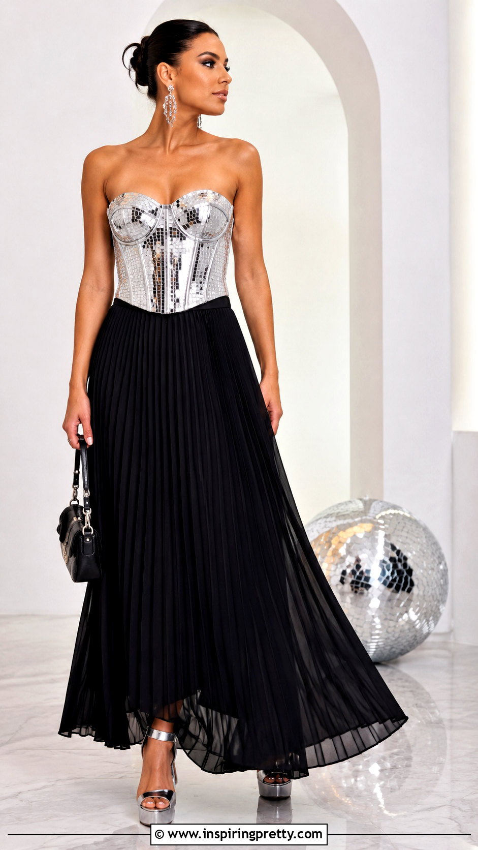Silver Disco Corset Top With Black Maxi Skirt - 20 Disco Themed Top outfit ideas