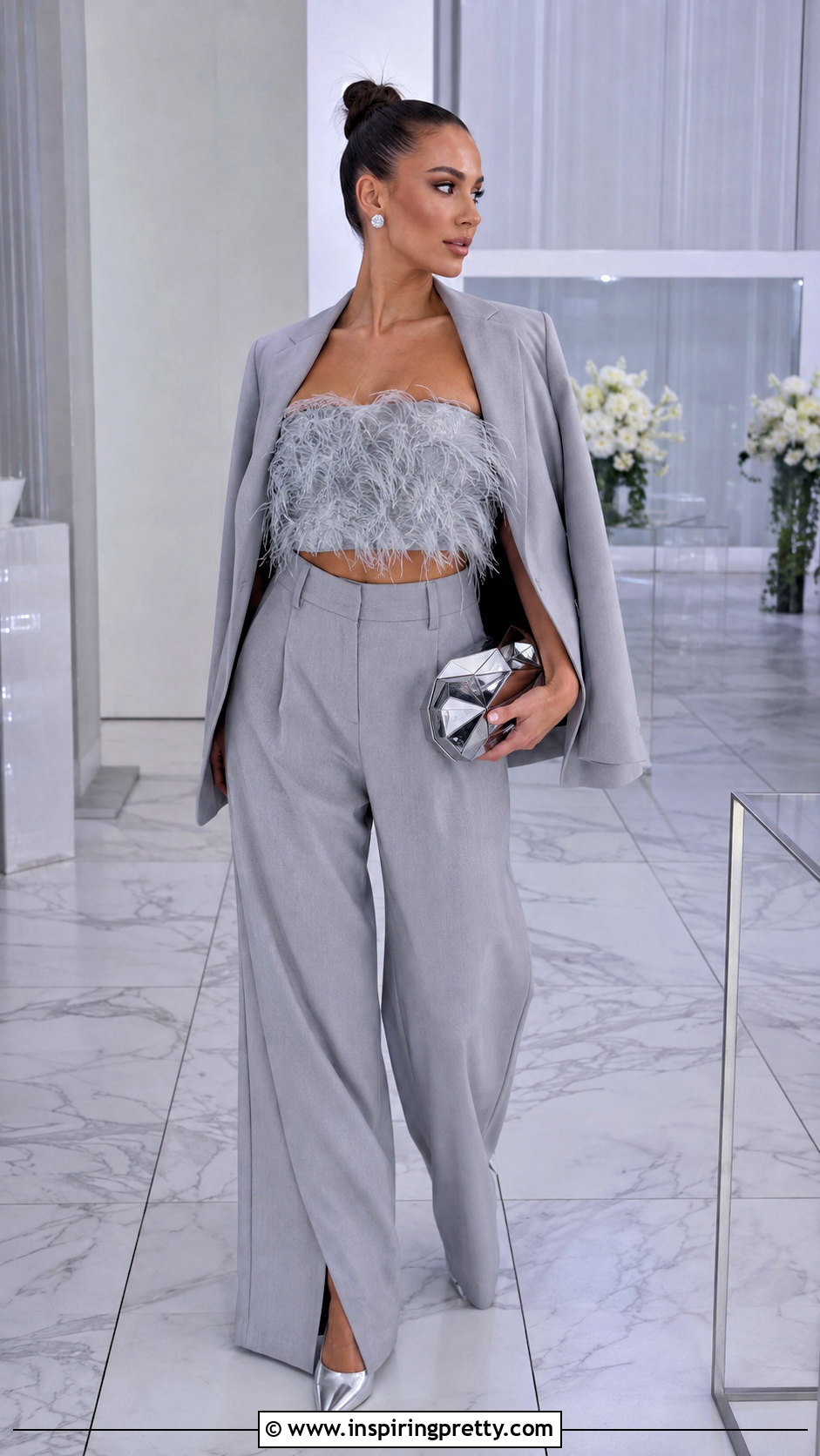 Silver Feather Bandeau Top With Gray Trousers - 25 feather bandeau top outfit ideas