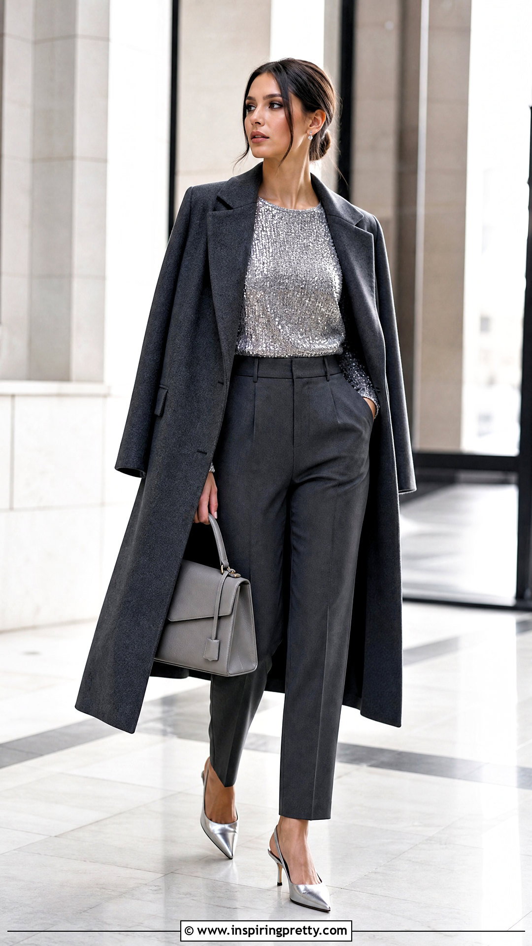 Silver Glittery Top With Gray Trousers - 50 glittery top outfits