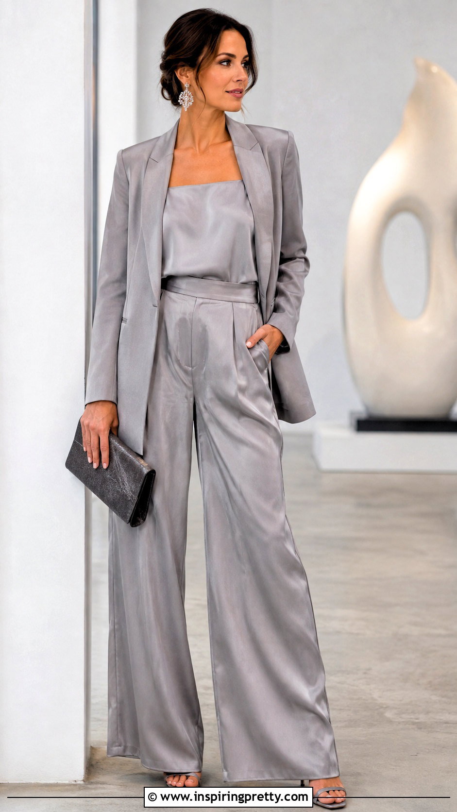 Silver Gray Silk Tank And Palazzo Pants Set - 25 silk top and bottom set outfit ideas