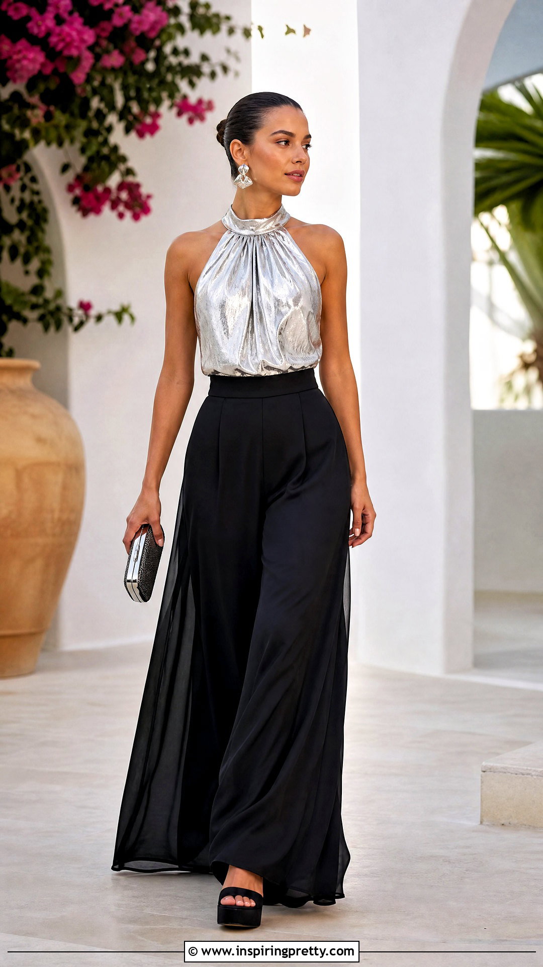 Silver Halter Top With Black Palazzo Pants - 50 silver top outfit ideas