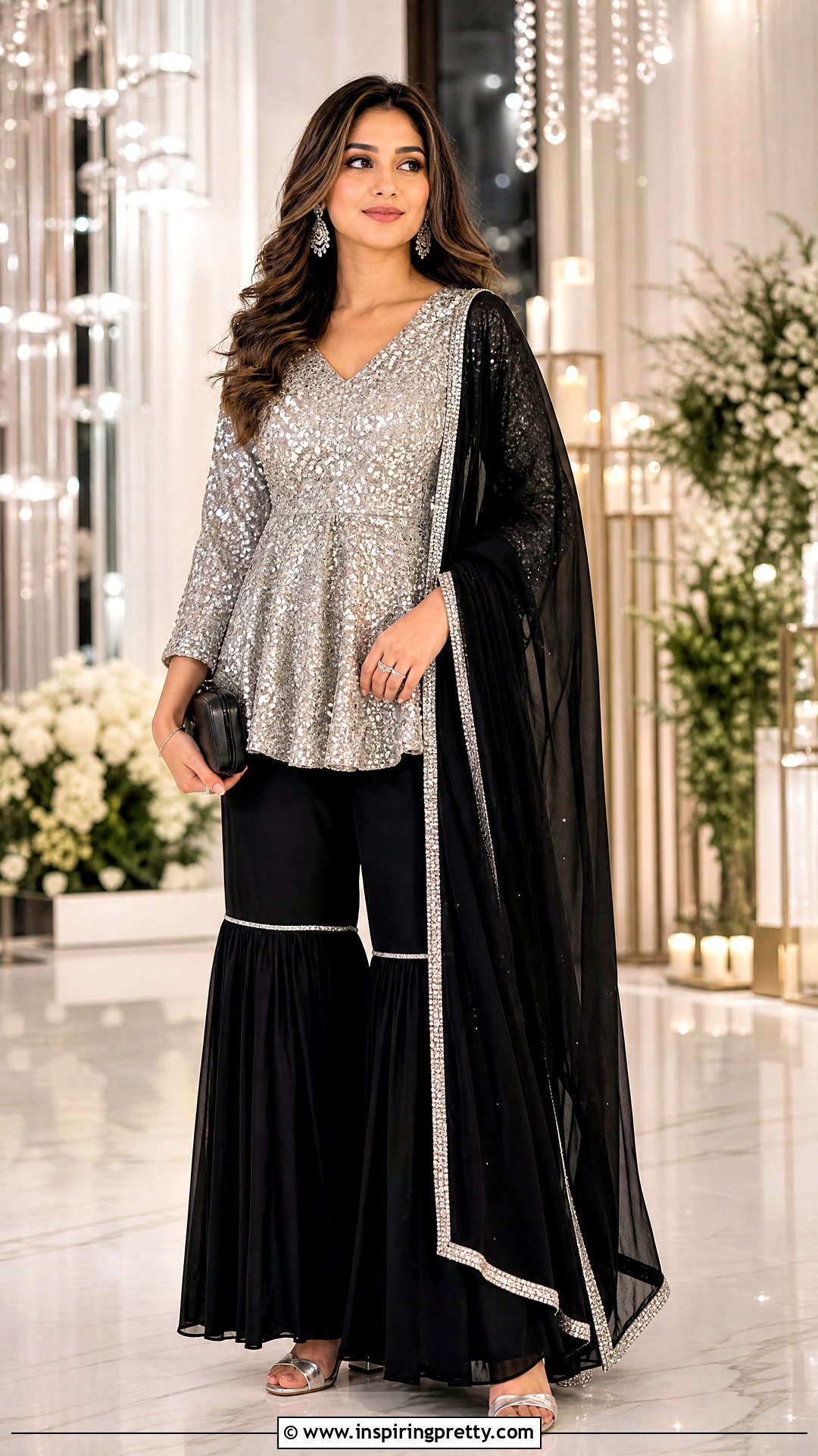 Silver Indian Peplum Top With Black Sharara - 50 indian peplum top outfits