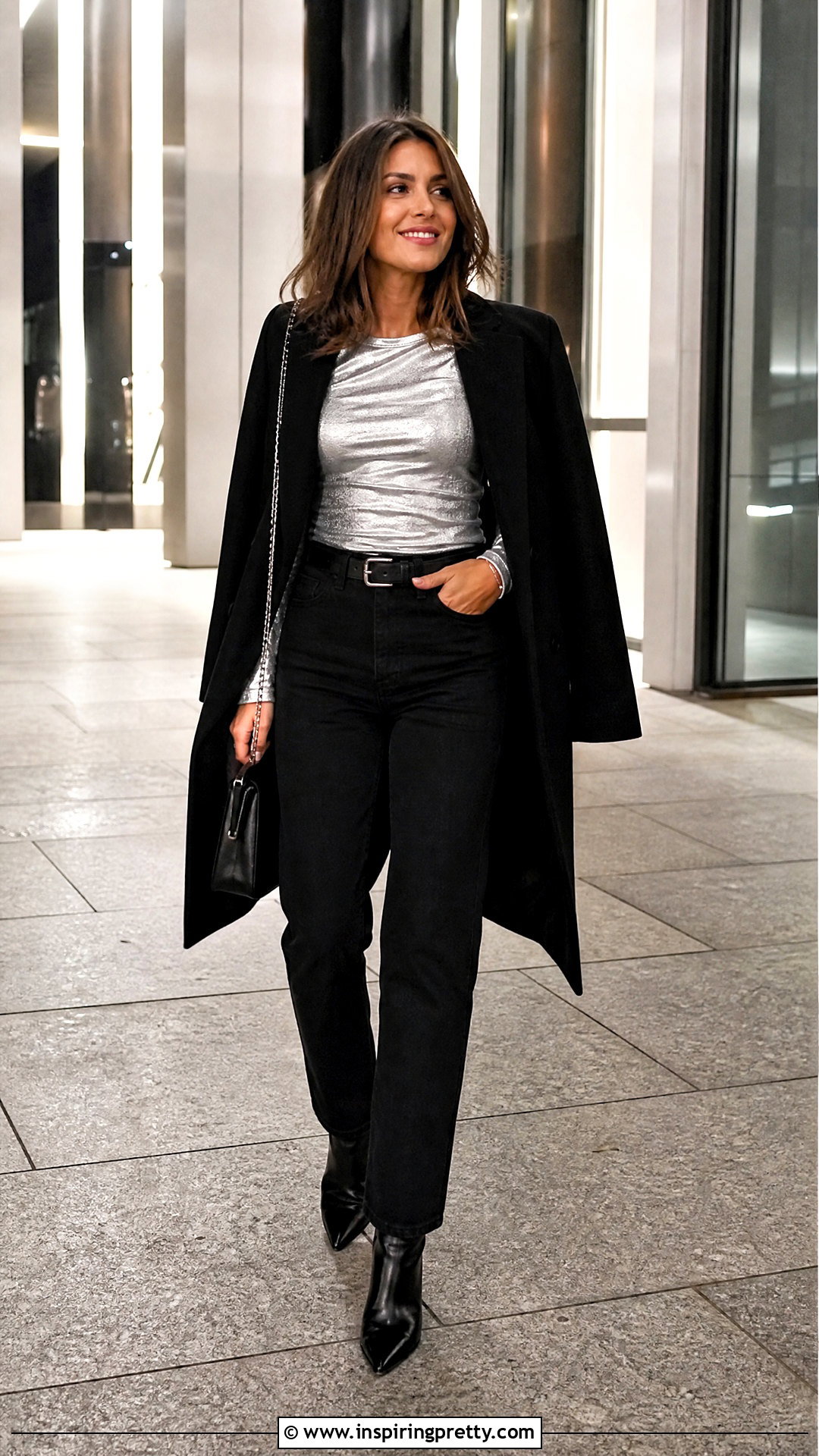 Silver Long Sleeve Top With Black Jeans - 50 silver top outfit ideas