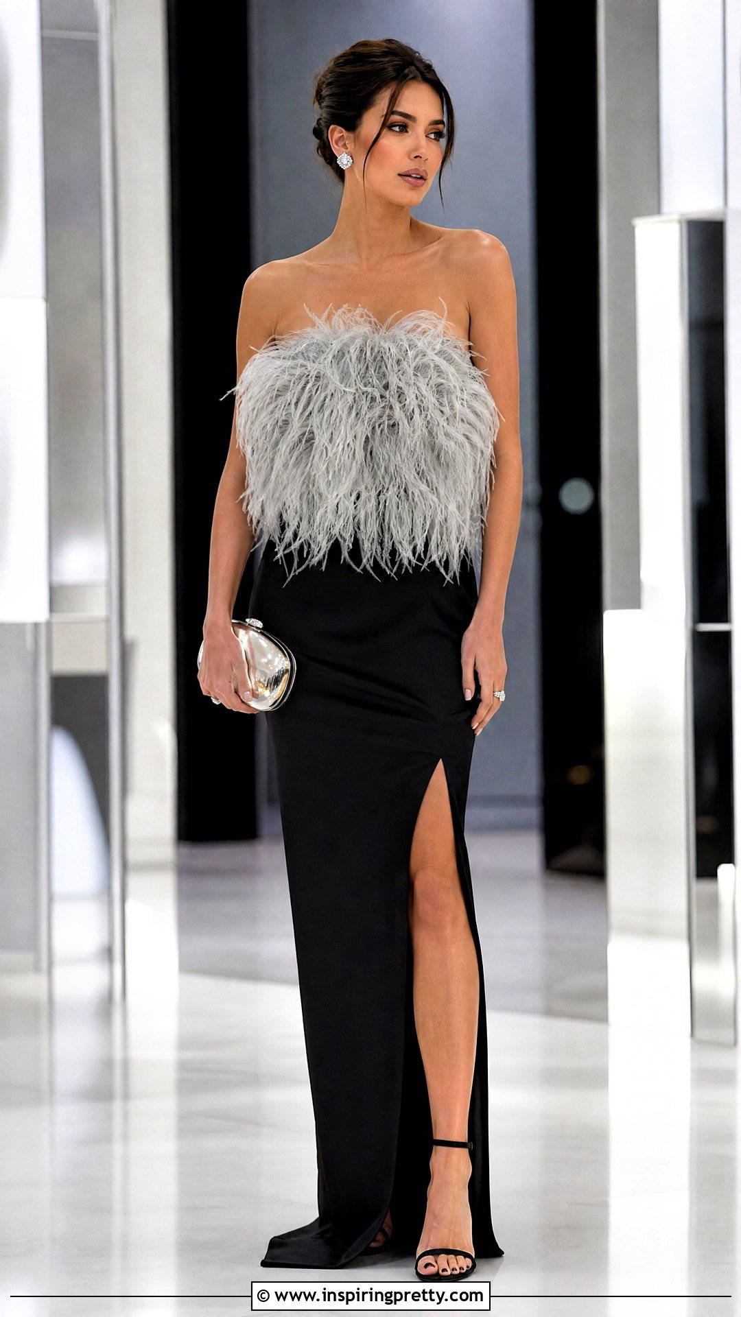Silver Marabou Top With Black Maxi Skirt - 20 Marabou Top outfit ideas