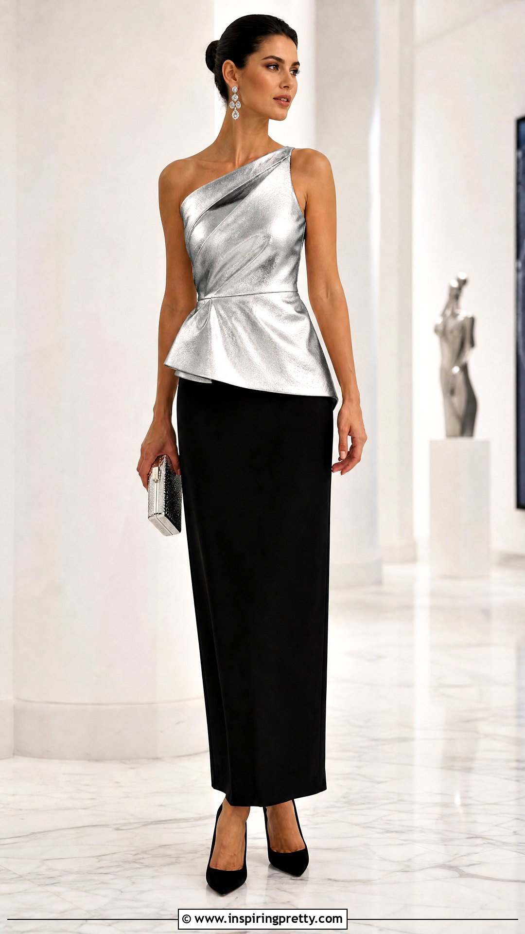 Silver Metallic Peplum Top With Black Column Skirt - 20 Metallic Peplum Top outfit ideas