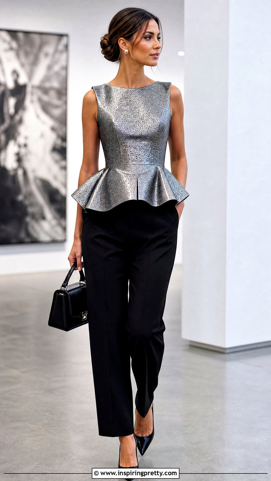 Silver Metallic Peplum Top With Black Trousers - 20 Metallic Peplum Top outfit ideas