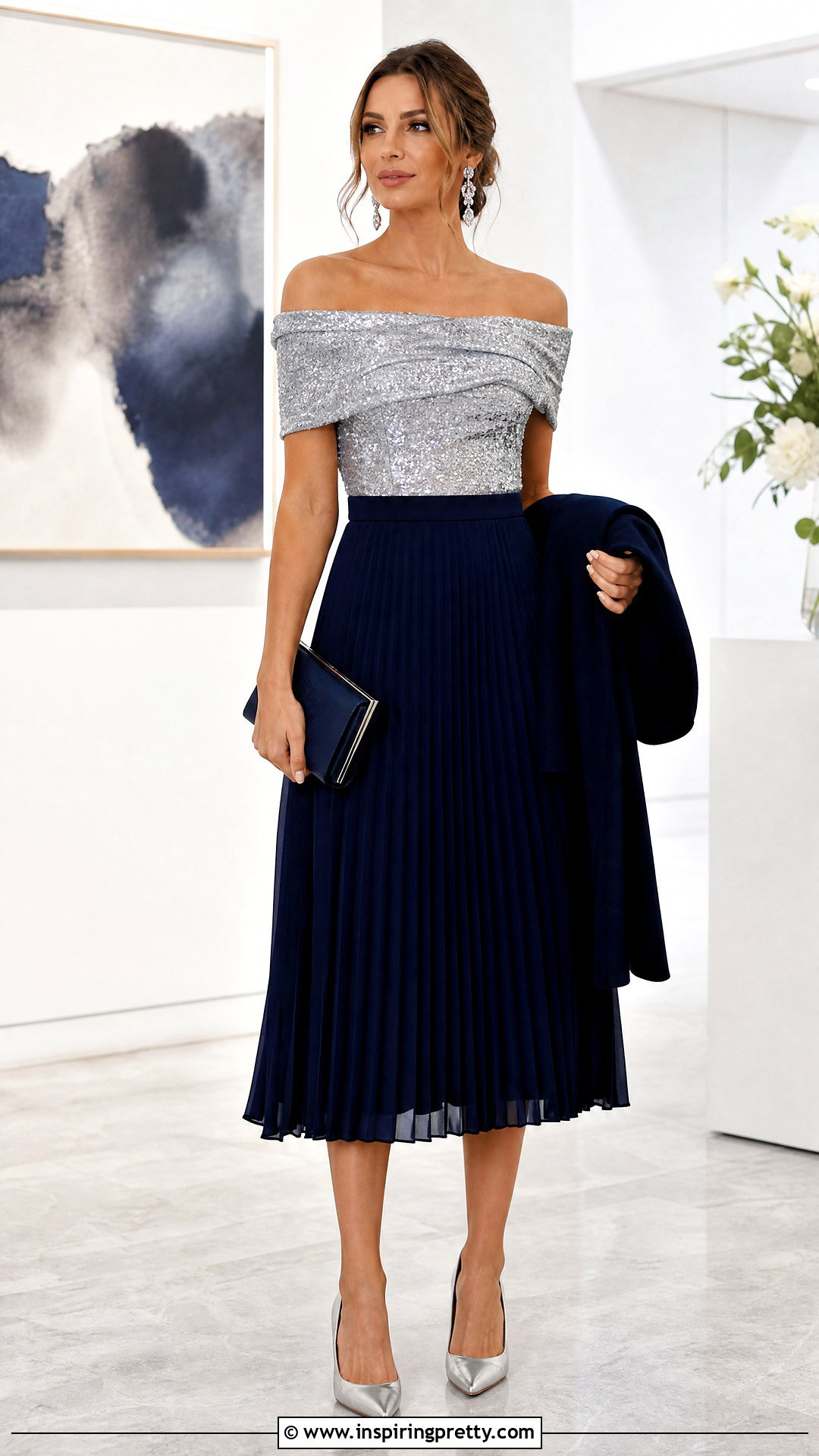 Silver Off The Shoulder Sparkly Top With Navy Midi Skirt - 25 off the shoulder sparkly top outfit ideas