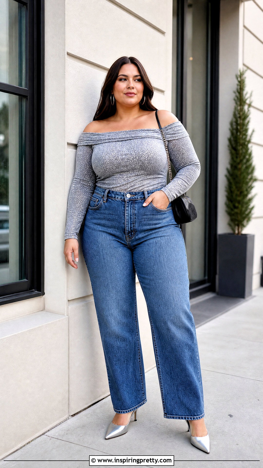 Silver Off The Shoulder Sparkly Top With Straight Leg Jeans - 25 off the shoulder sparkly top outfit ideas