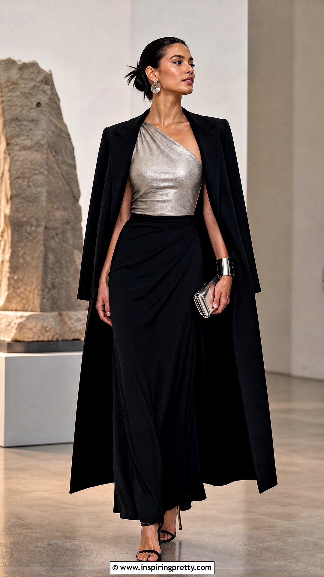 Silver One Shoulder Top With Black Maxi Skirt - 20 silver new years tops