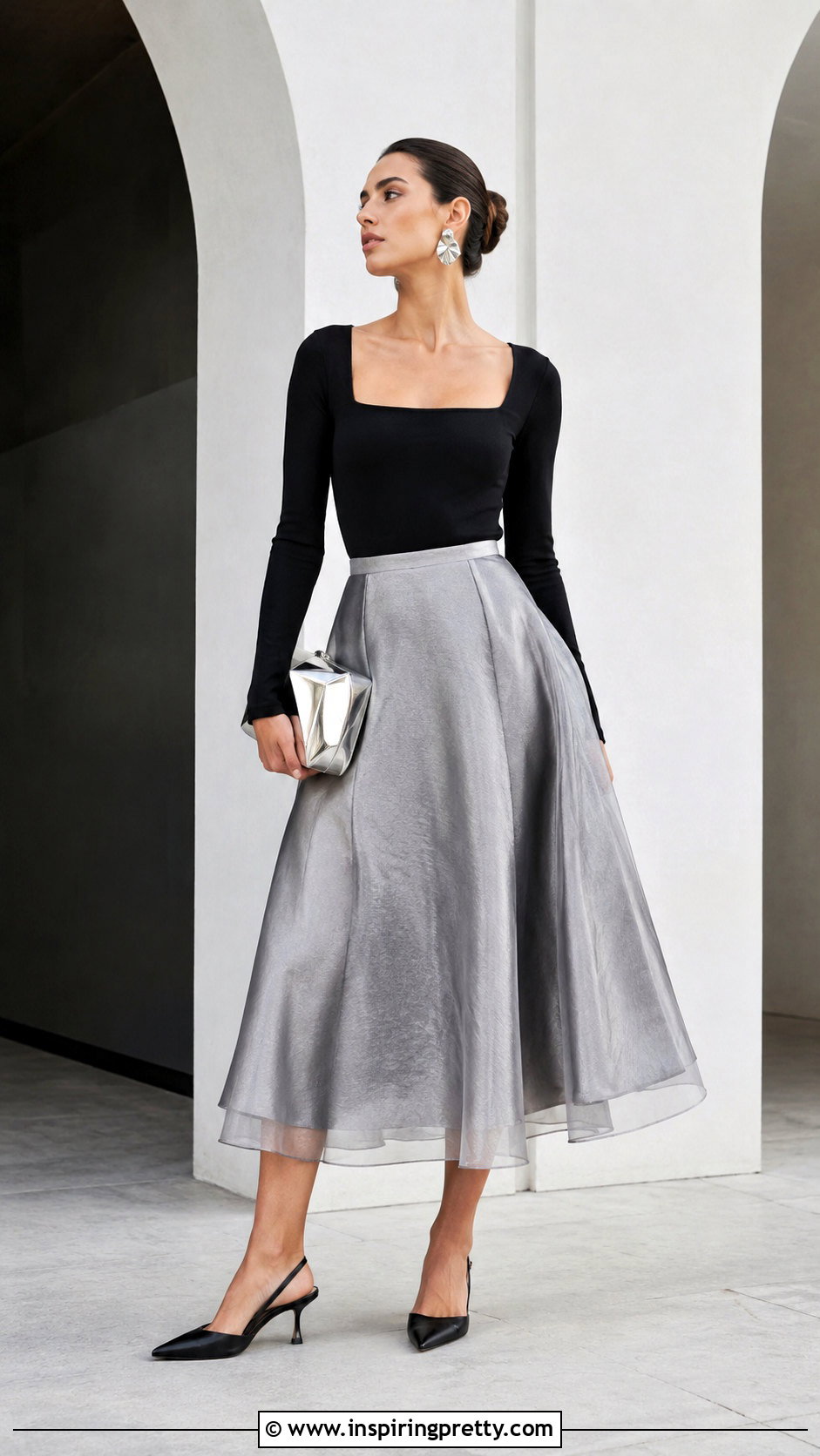 Silver Organza Skirt With Black Bodysuit - 20 organza skirt and top outfit ideas