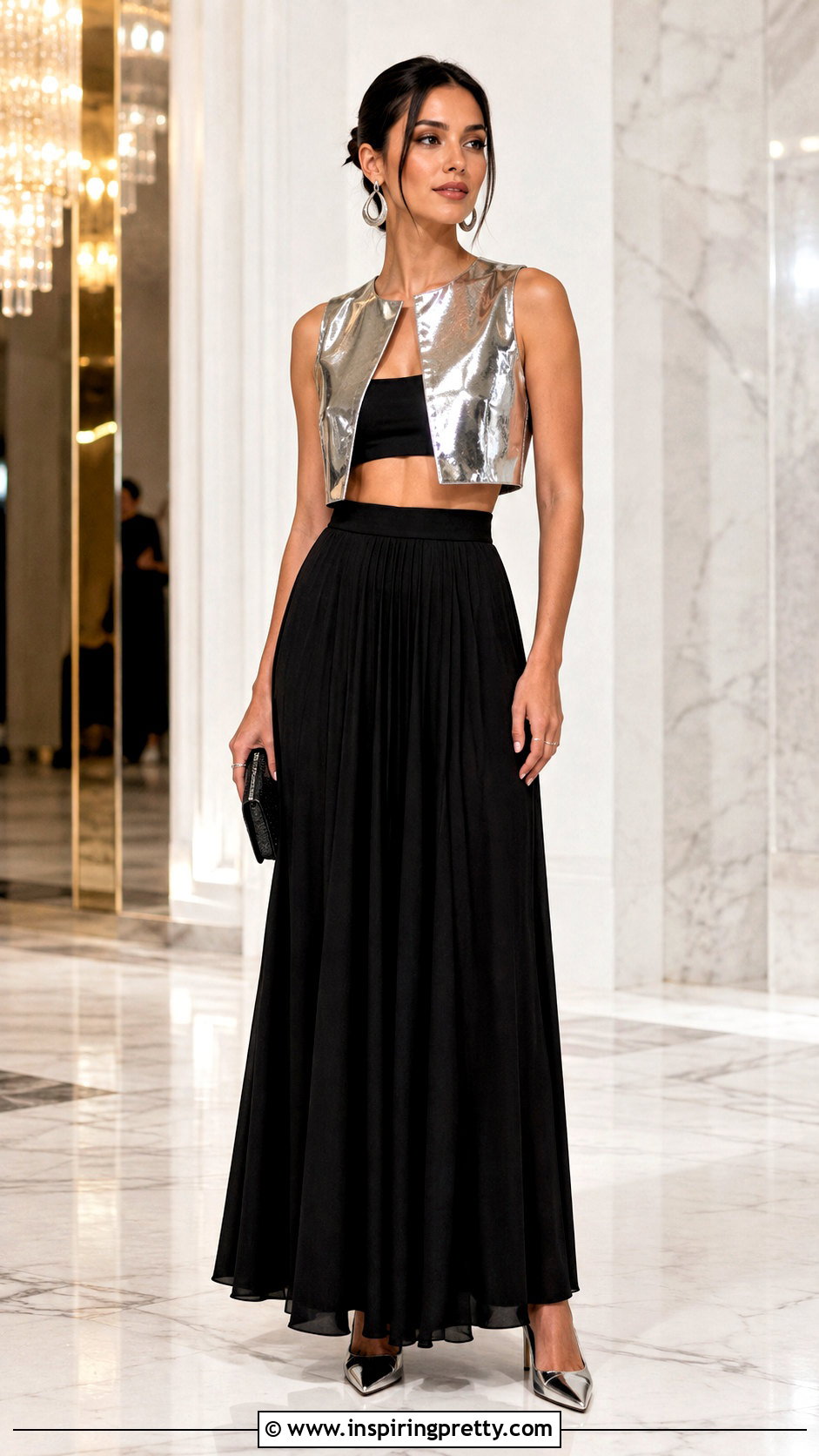 Silver Plastic Crop Top With Black Maxi Skirt - 25 plastic crop top outfit ideas