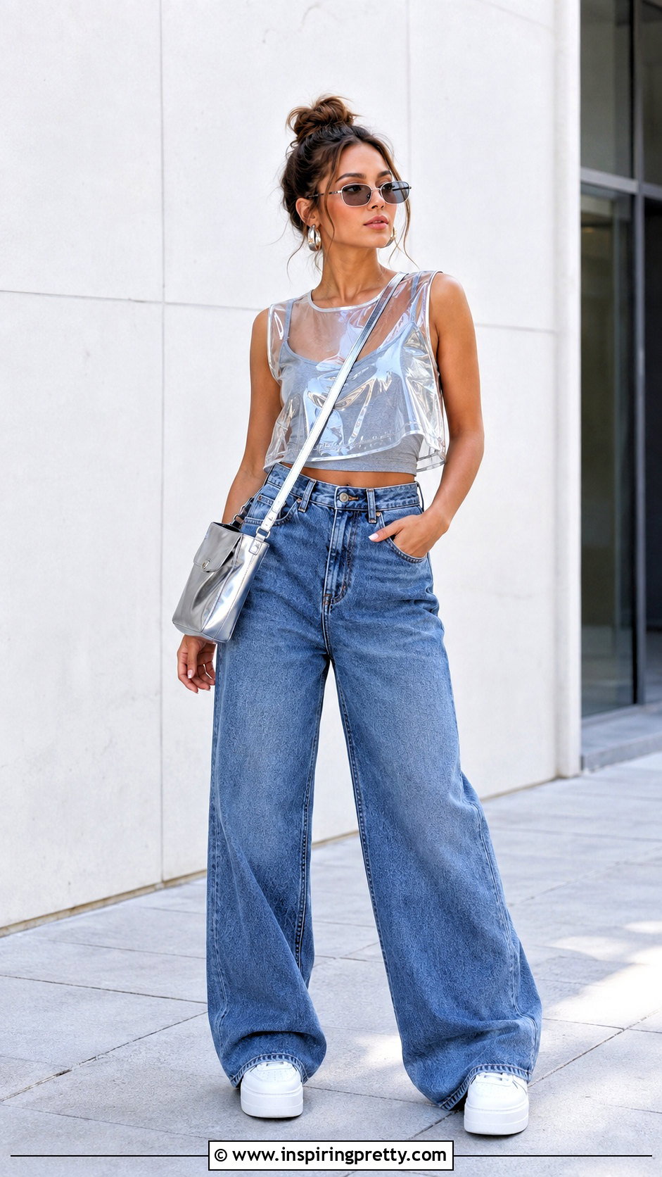 Silver Plastic Crop Top With Wide Leg Jeans - 25 plastic crop top outfit ideas