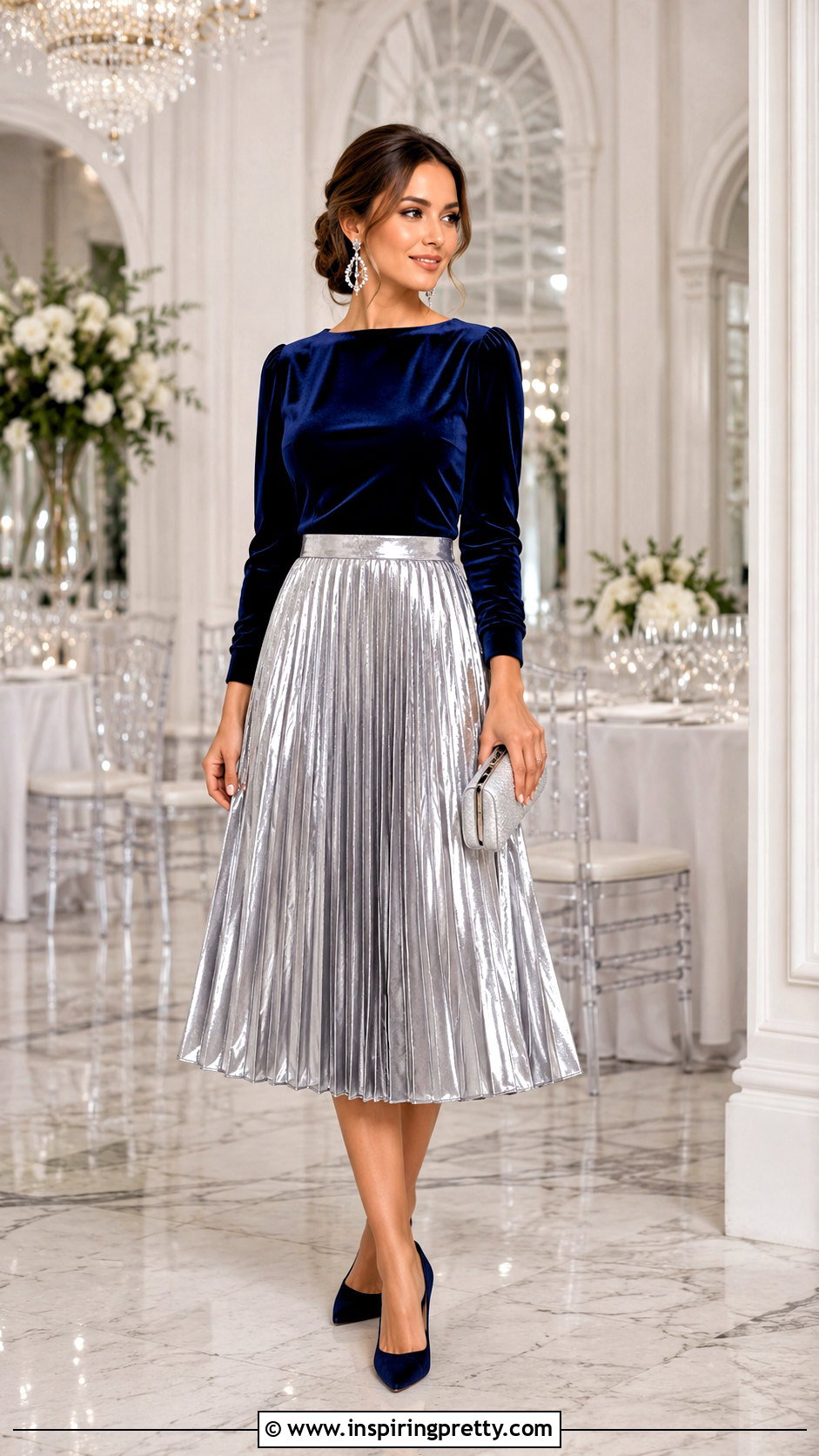 Silver Pleated Skirt And Navy Velvet Top Party Outfit - 50 skirt and top party wear outfits