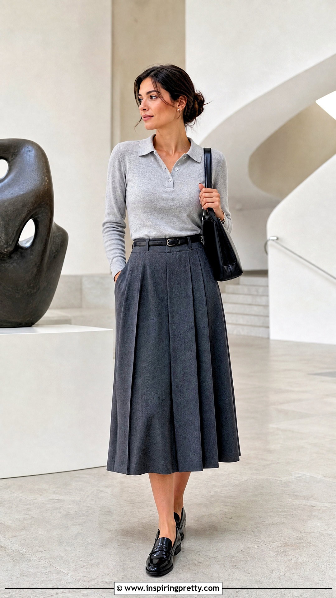 Silver Polo Top With Pleated Skirt - 50 silver top outfit ideas
