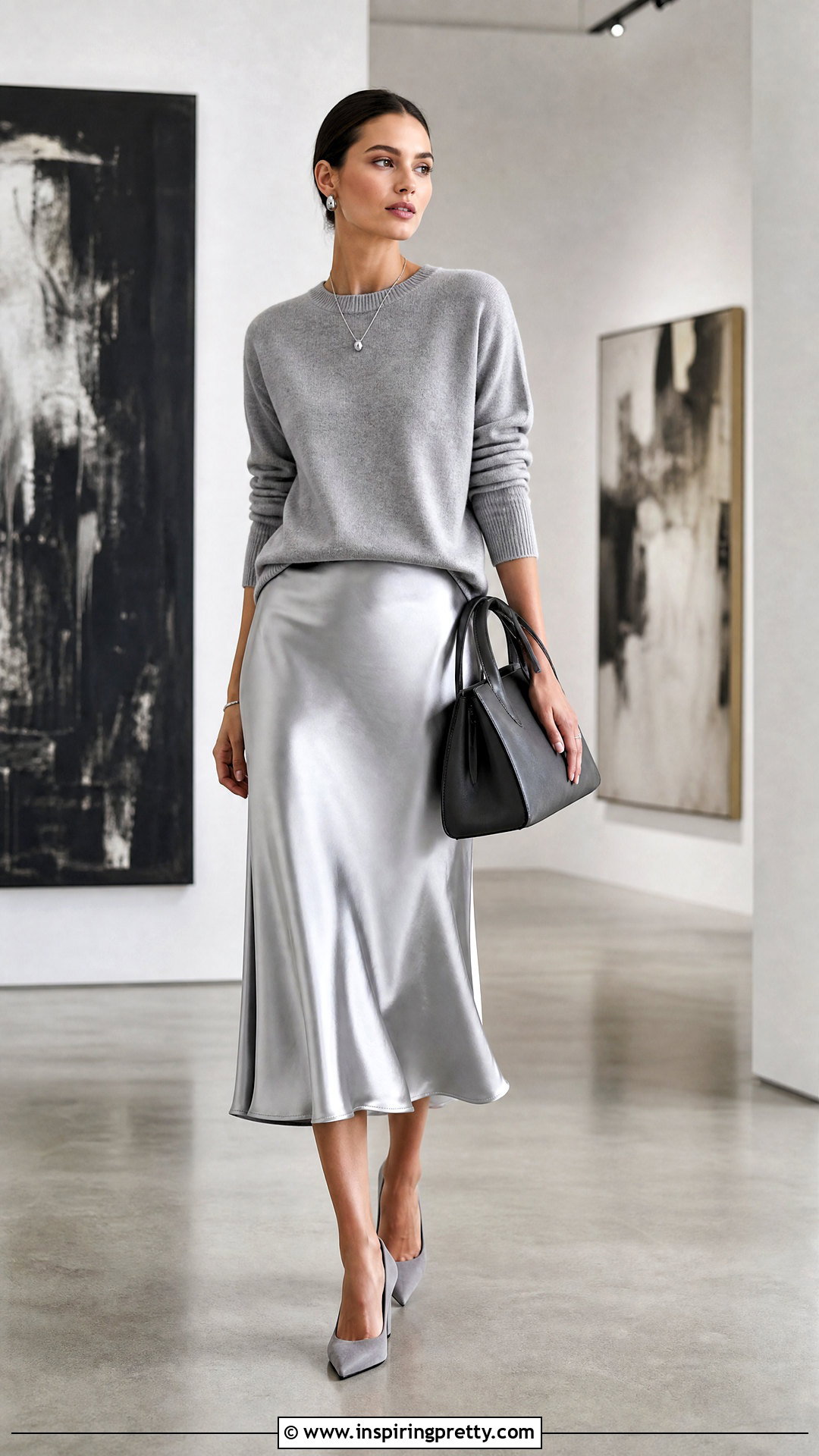 Silver Satin Skirt And Gray Sweater Outfit - 50 satin skirt and top outfit ideas