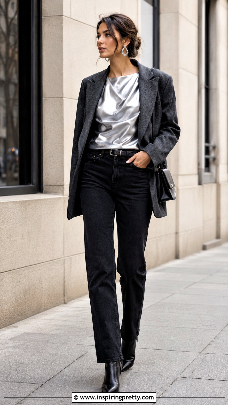 Silver Satin Top With Black Jeans - 50 satin tops outfit ideas