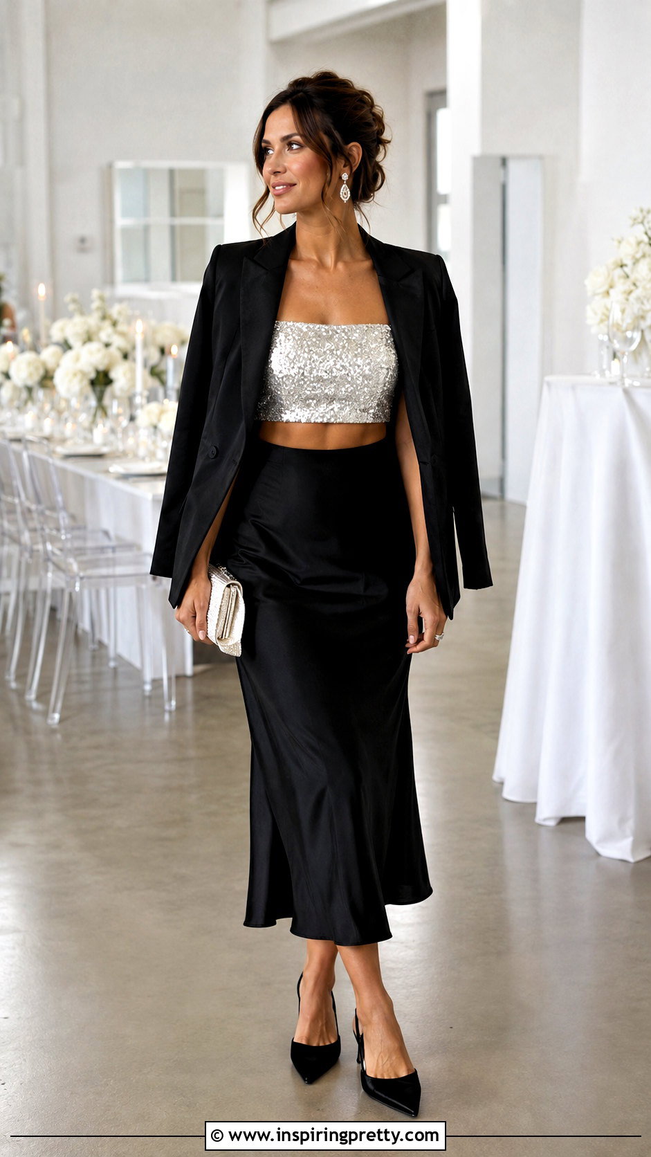 Silver Sequin Crop Top With Black Satin Slip Skirt - 25 Silver Sequin Crop Top outfit ideas