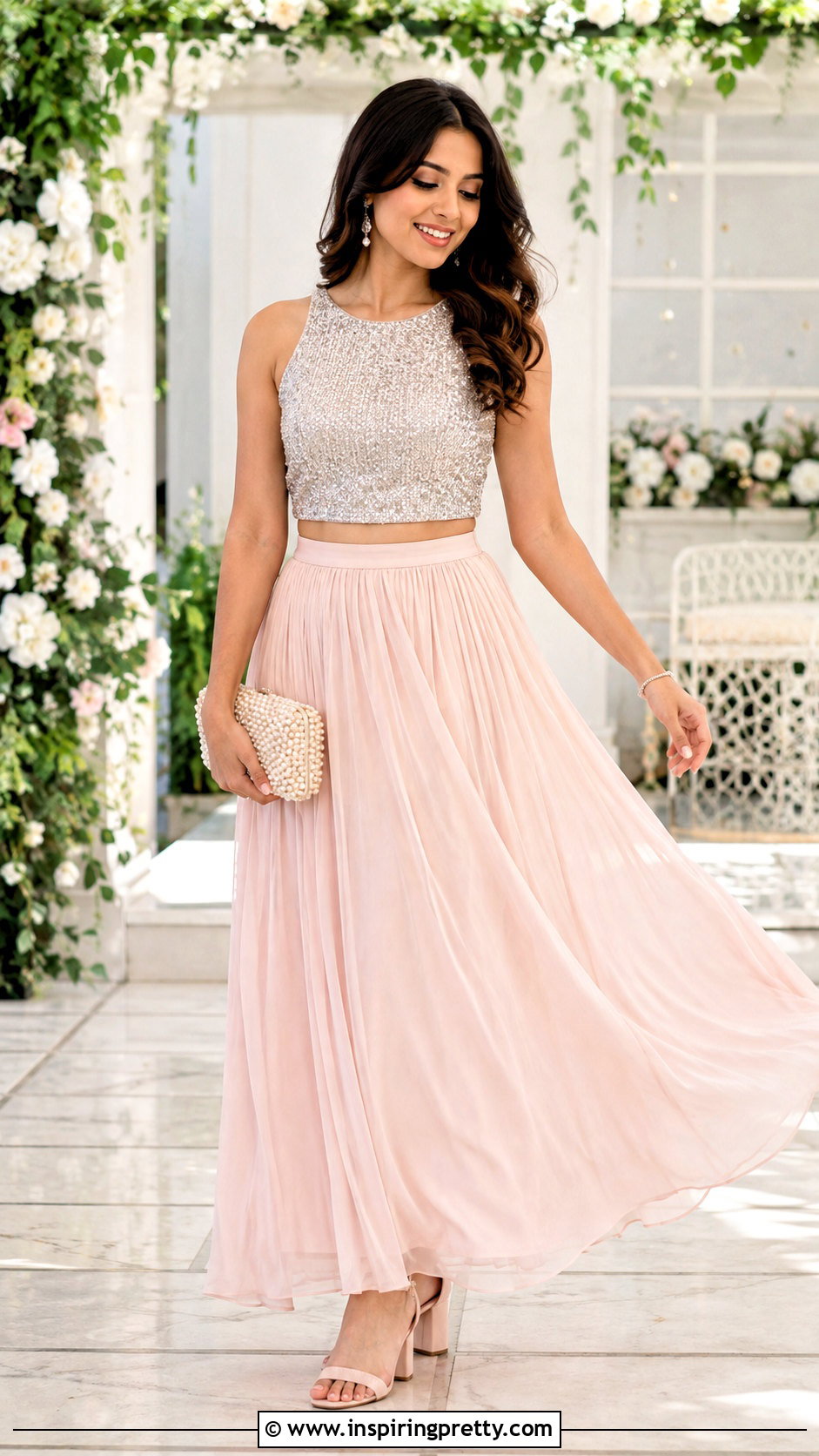 Silver Sequin Crop Top With Pale Pink Maxi Skirt - 25 Silver Sequin Crop Top outfit ideas