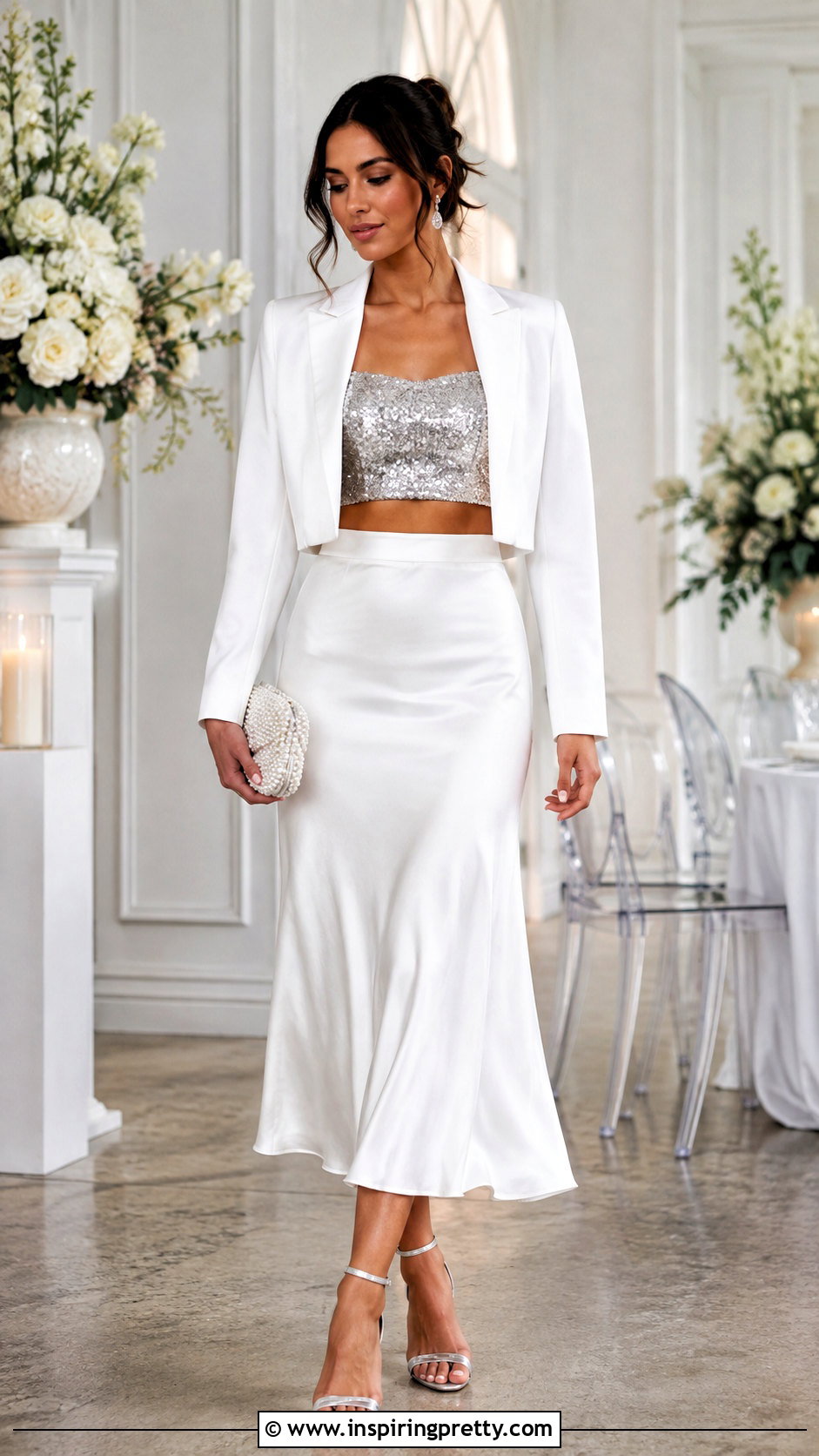 Silver Sequin Crop Top With White Satin Midi Skirt - 25 Silver Sequin Crop Top outfit ideas