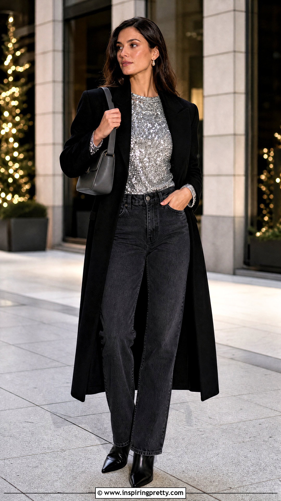 Silver Sequin Long Sleeve Top With Gray Jeans and Boots - 25 silver sequin top with jeans