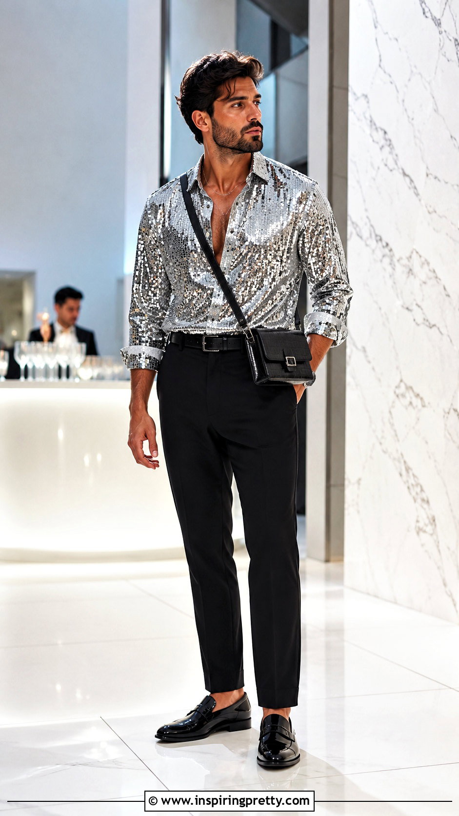 Silver Sequin Shirt With Black Trousers - 20 Mens Sparkly Tops