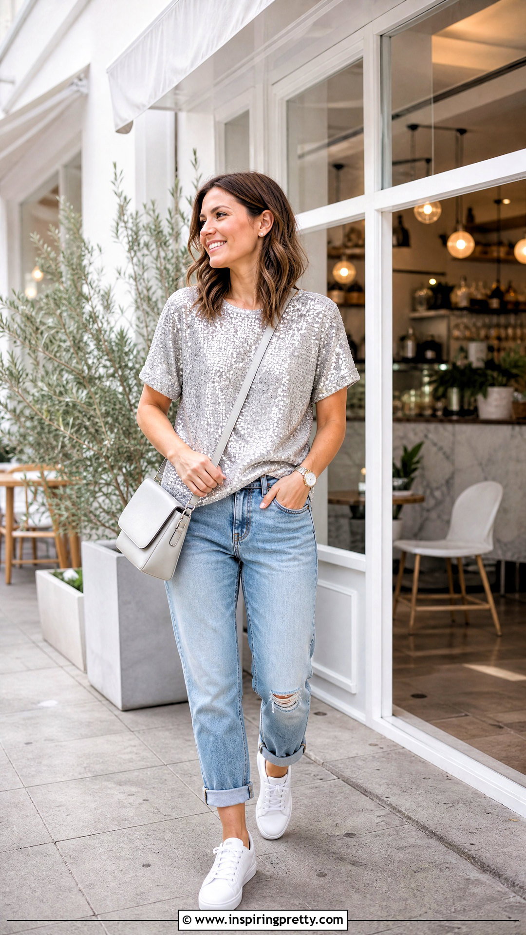 Silver Sequin T Shirt With Boyfriend Jeans and White Sneakers - 25 silver sequin top with jeans