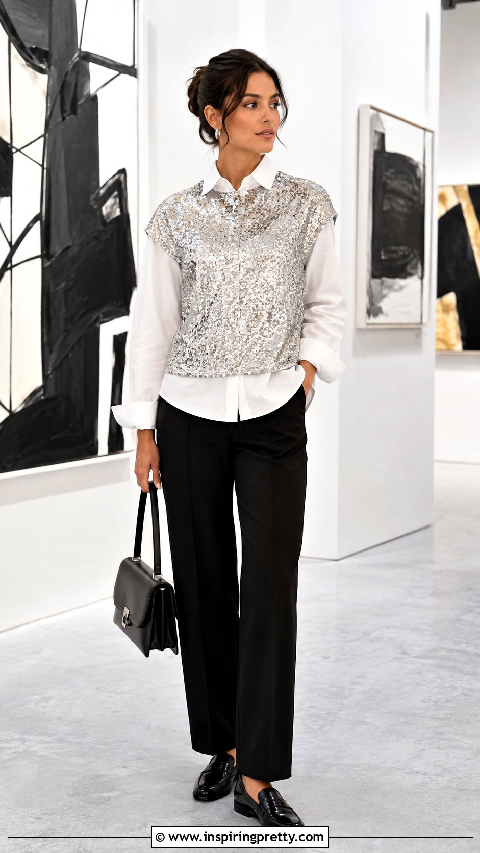 Silver Sequin Top Over White Button Down Shirt - 25 silver sequin top outfit ideas