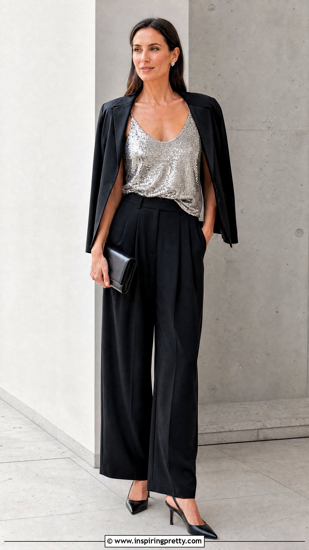Silver Sequin Top With Black Trousers - 20 sequin top summer style outfits