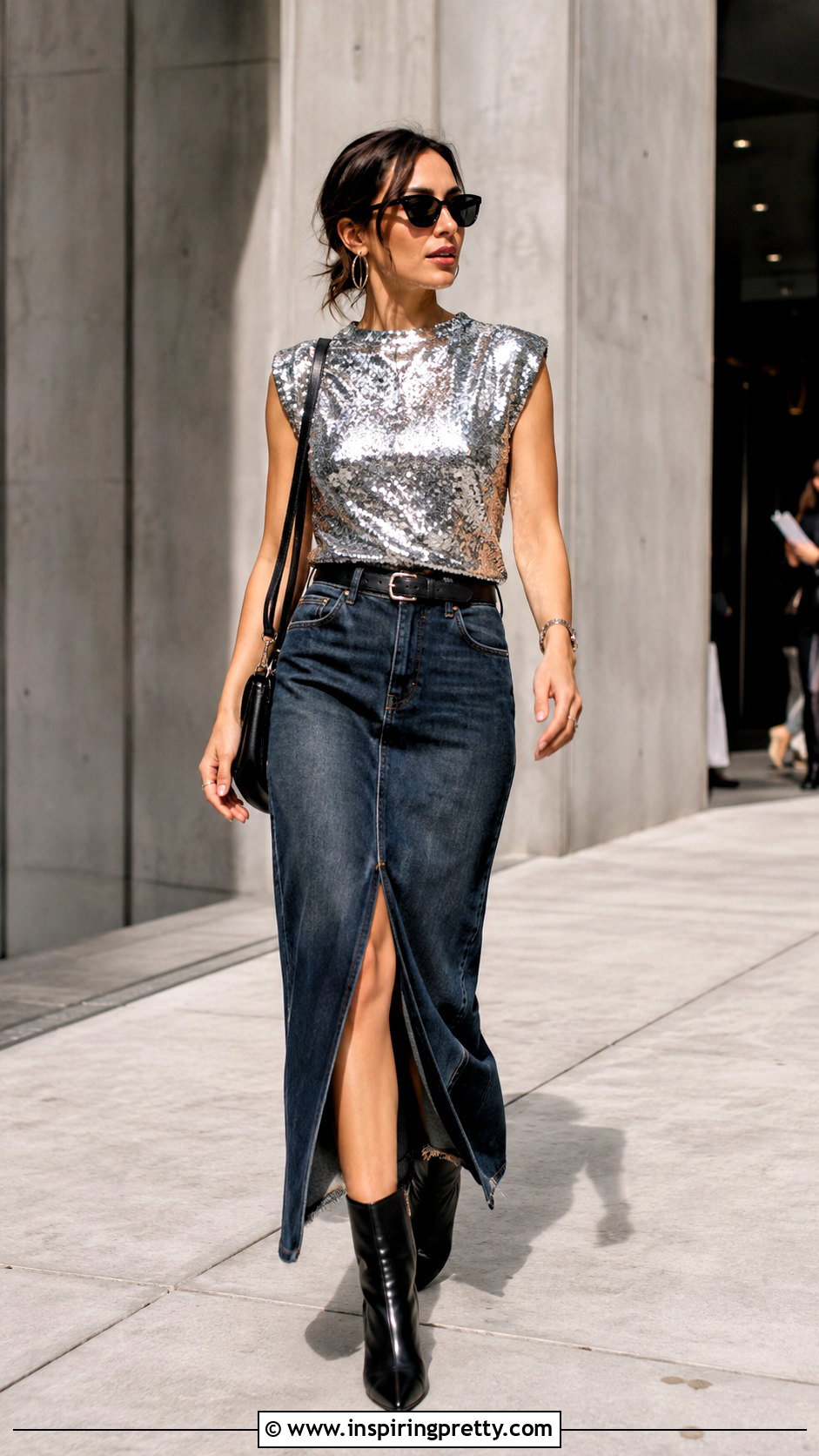 Silver Sequin Top With Denim Maxi Skirt - 25 silver sequin top outfit ideas