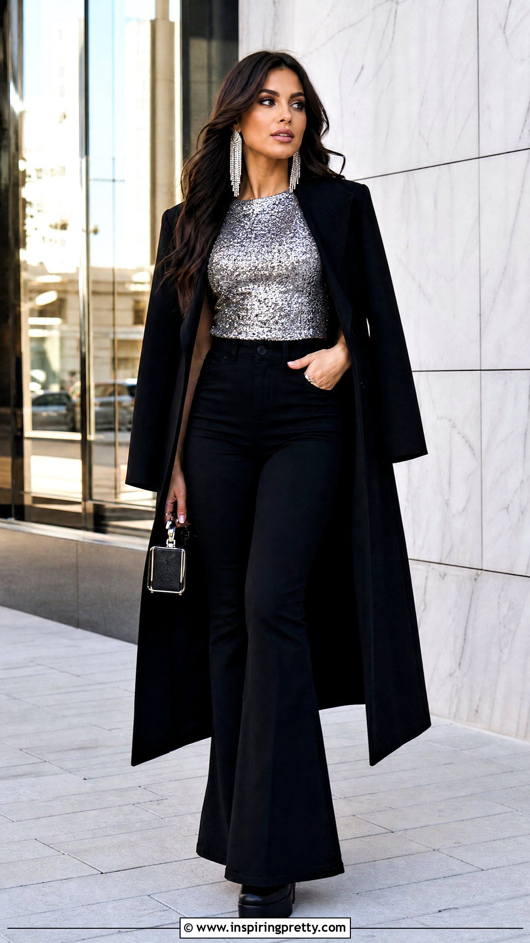 Silver Sequin Top With Flared Black Jeans and Platform Boots - 25 silver sequin top with jeans