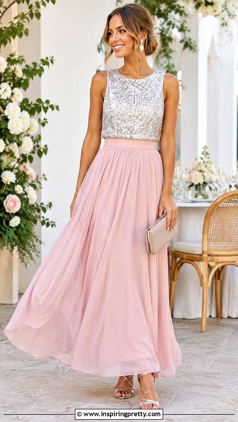 Silver Sequin Top With Pink Maxi Skirt - 25 silver sequin top outfit ideas
