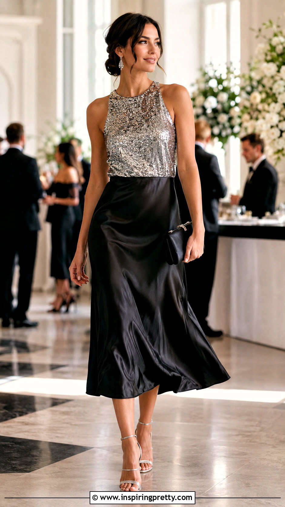 Silver Sequin Top With Satin Midi Skirt - 25 silver sequin top outfit ideas