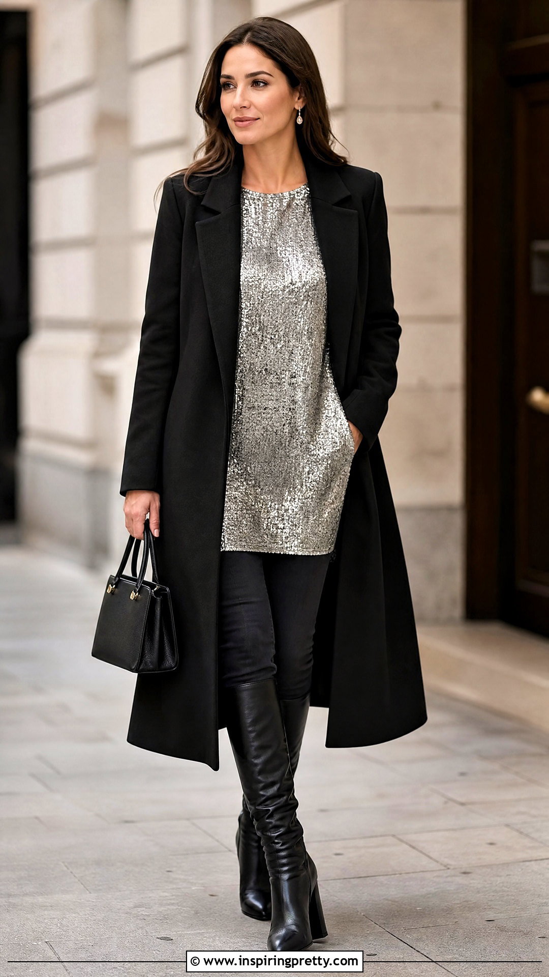 Silver Sequin Tunic Top With Skinny Jeans and Tall Boots - 25 silver sequin top with jeans
