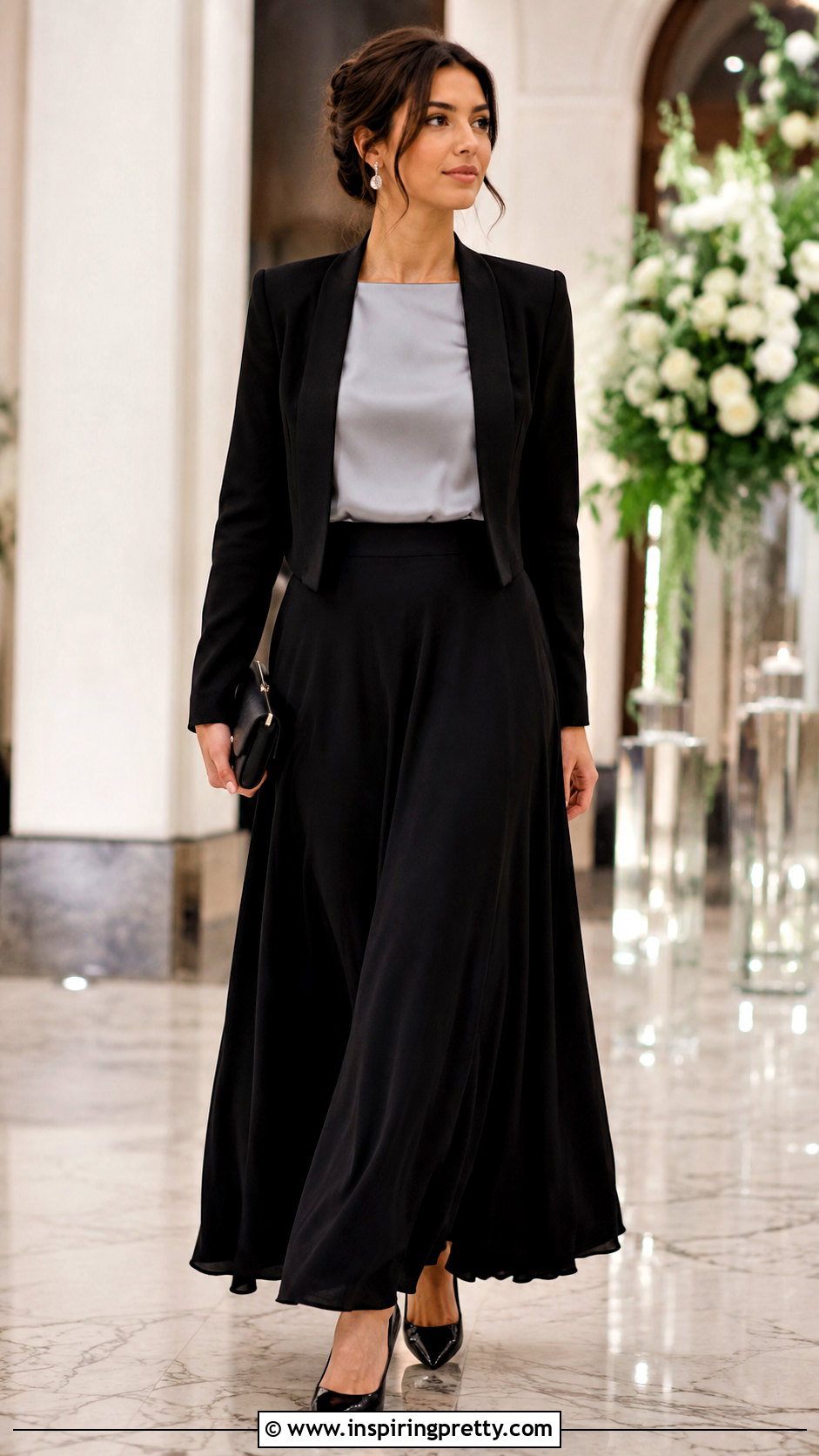 Silver Silk Top With Black Maxi Skirt - 50 silk top outfit classy ideas