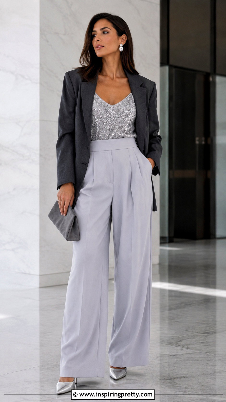 Silver Sparkly Spaghetti Strap Top With Gray Trousers - 25 Sparkly Spaghetti Strap Top outfit ideas