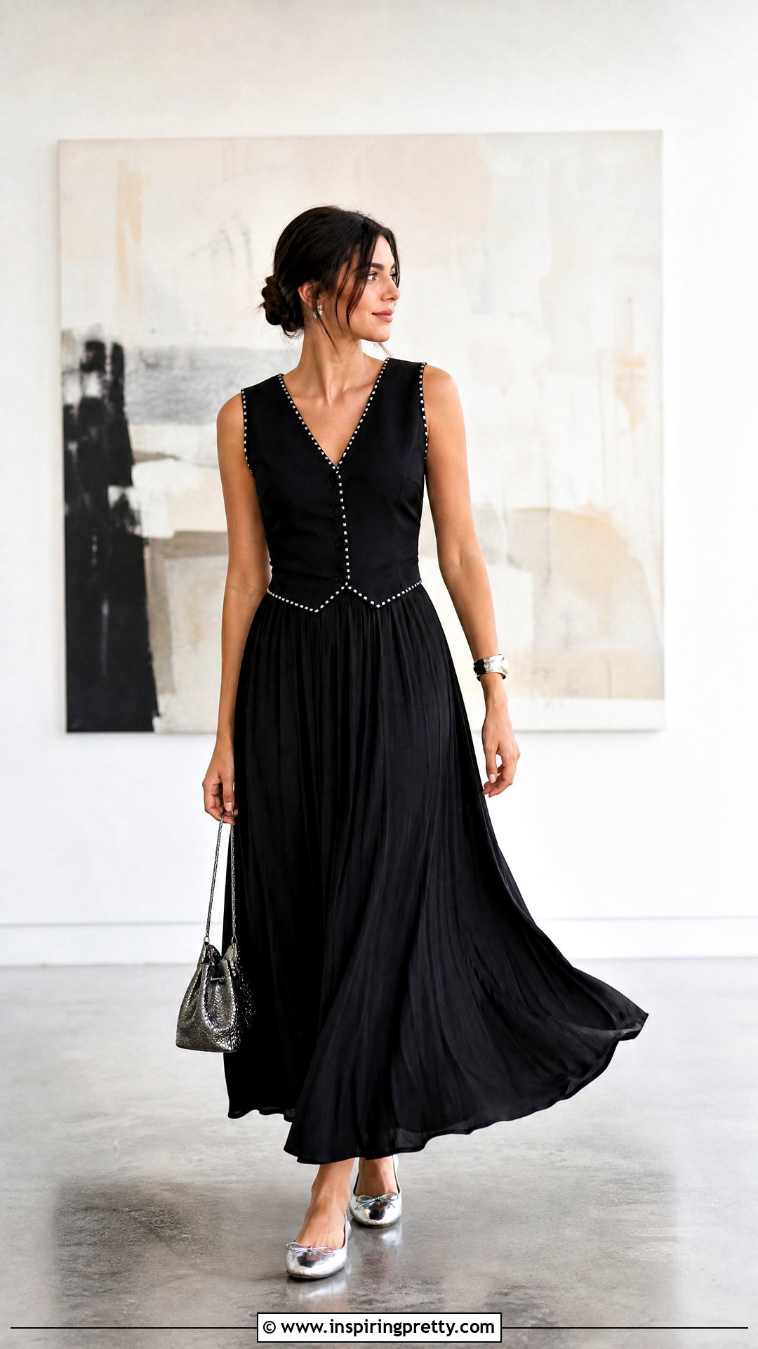 Silver Stud Trim Top With Black Maxi Skirt - 20 stud trim top outfit ideas