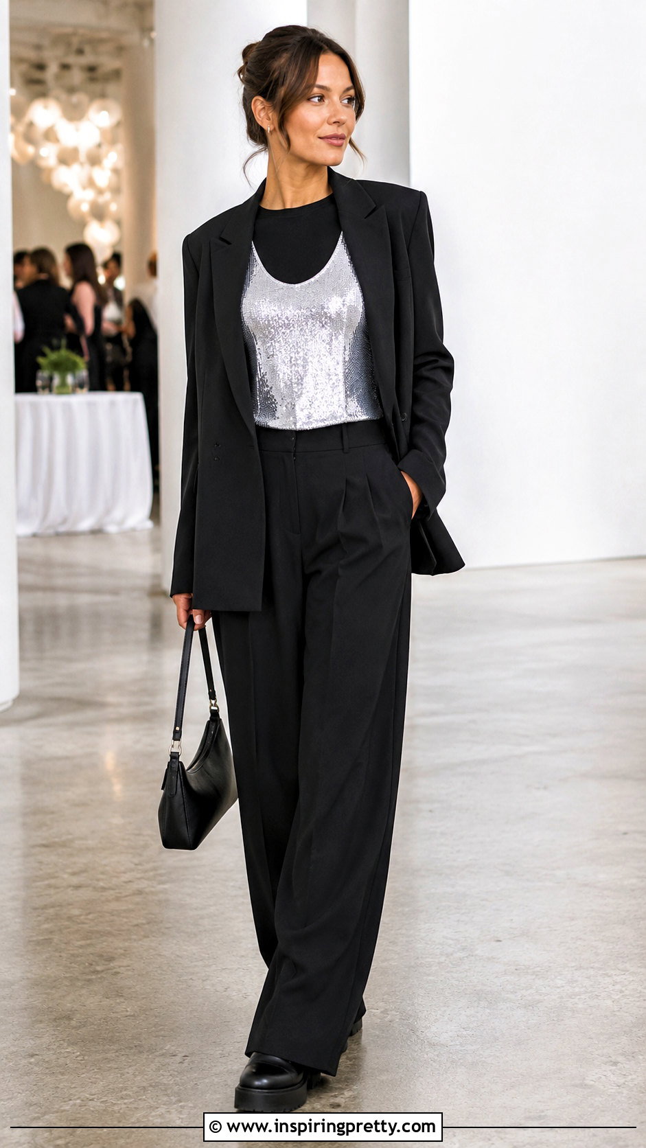 Silver Tank Top Over Black Long Sleeve With Wide Leg Pants - 50 tank top over long sleeve outfit ideas