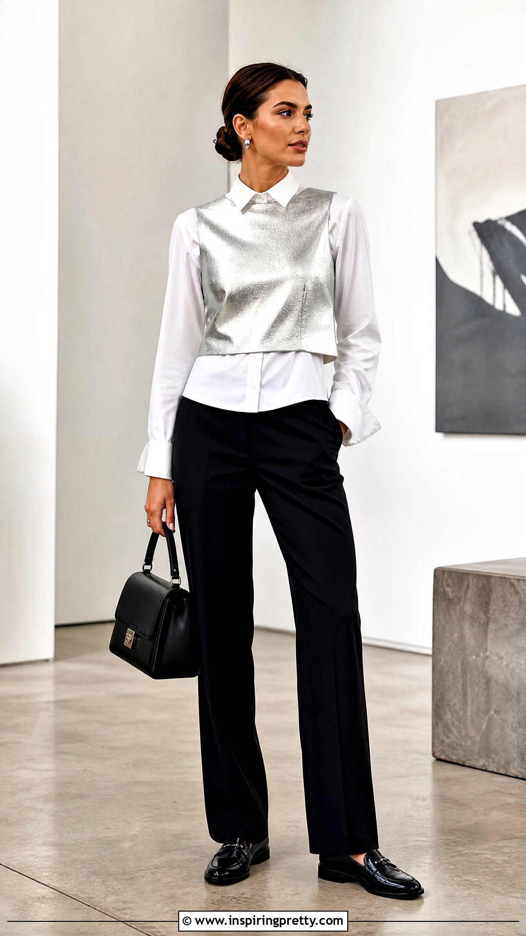 Silver Top Over A White Button Down - 20 Shiny Silver Fashion Top outfit ideas