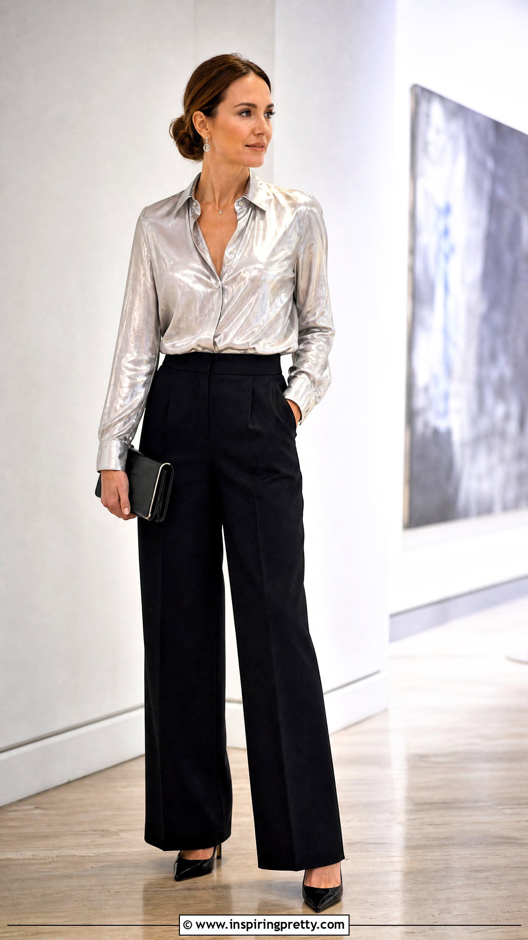 Silver Top With Black Wide Leg Pants - 20 Shiny Silver Fashion Top outfit ideas